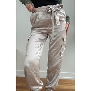 Satin Tie-Waist Cargo Pants in Cream